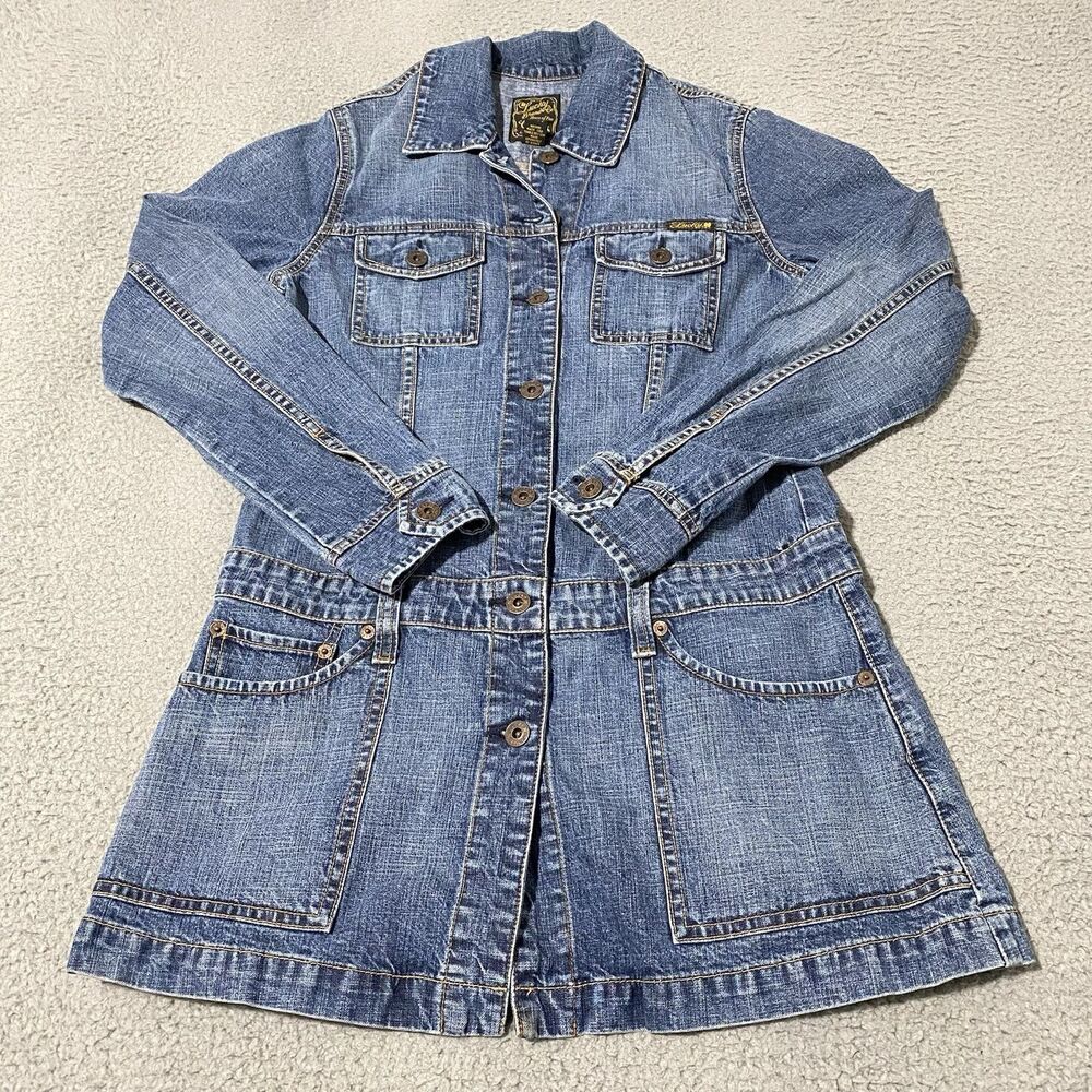 Vintage Lucky Brand Denim Jacket Womens Medium Blue Long Y2K Artsy Western Boho
